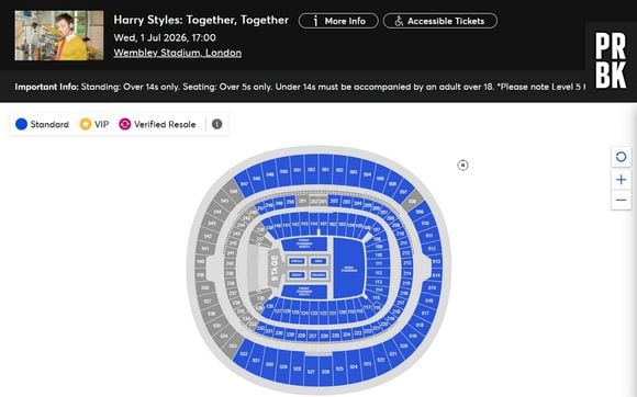En bleu, le nombre de catégories encore disponibles pour l'un des concerts de Harry Styles à Londres cet été.
