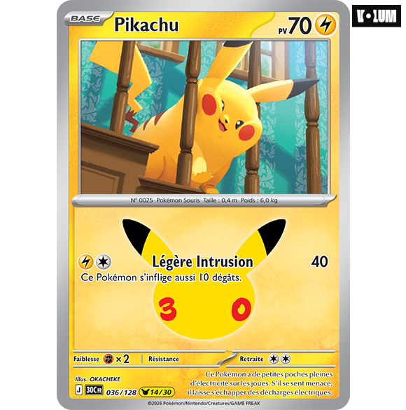 Pokémon - carte Pikachu pour l'extension du 30ème anniversaire