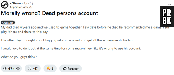 Sur Reddit, un fils veut honorer le compte Steam de son père disparu