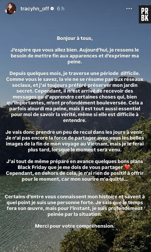 Le message de détresse de Tracy posté sur Instagram ce jeudi 28 novembre 2024.