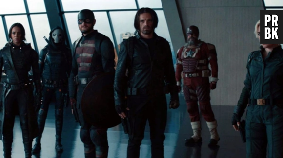 L'équipe d'antihéros de Thunderbolts* avec Yelena Belova (Florence Pugh), Bucky Barnes (Sebastian Stan), Red Guardian (David Harbour), Ghost (Hannah John-Kamen), Taskmaster (Olga Kurylenko) et John Walker (Wyatt Russell)